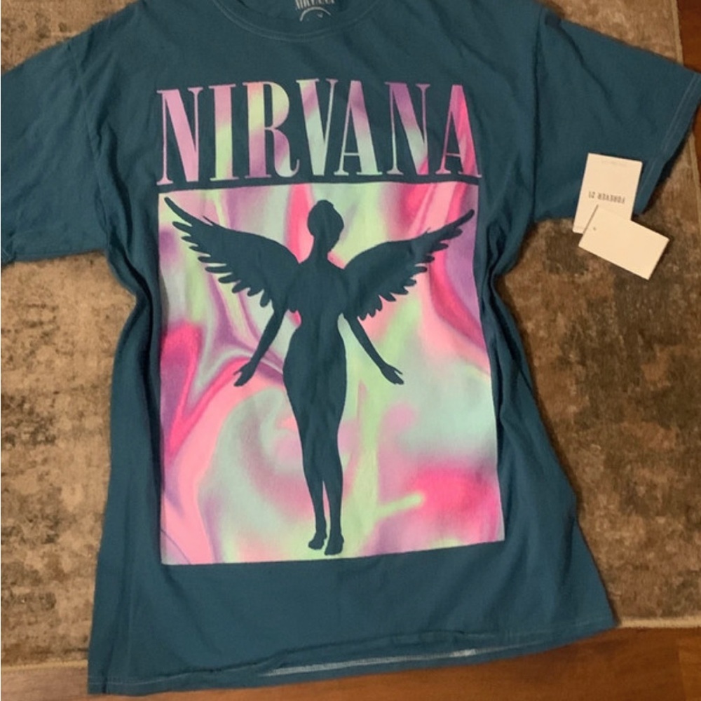 NIRVANA Teal Tee with Pink & Mint Angel Graphic